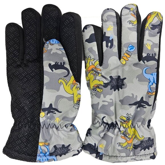 iBerryNY Other - Kids Winter Gloves, Boys Girls Ski Glove,  Faux Fur Lined Dinosaur Designs, Gray